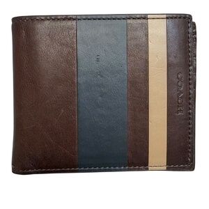 Coach 74493 mahogany brown navy blue striped men’s bifold leather wallet